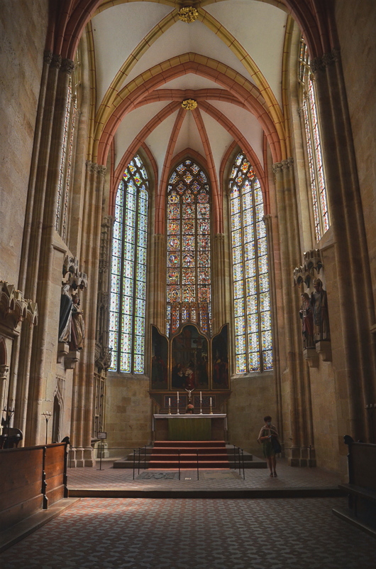 28 - The high choir (Hoher Chor) of the Meissen Cathedral (Dom zu Meißen) in Saxony, Germany, featuring tall Gothic stained-glass windows and rib-vaulted ceilings